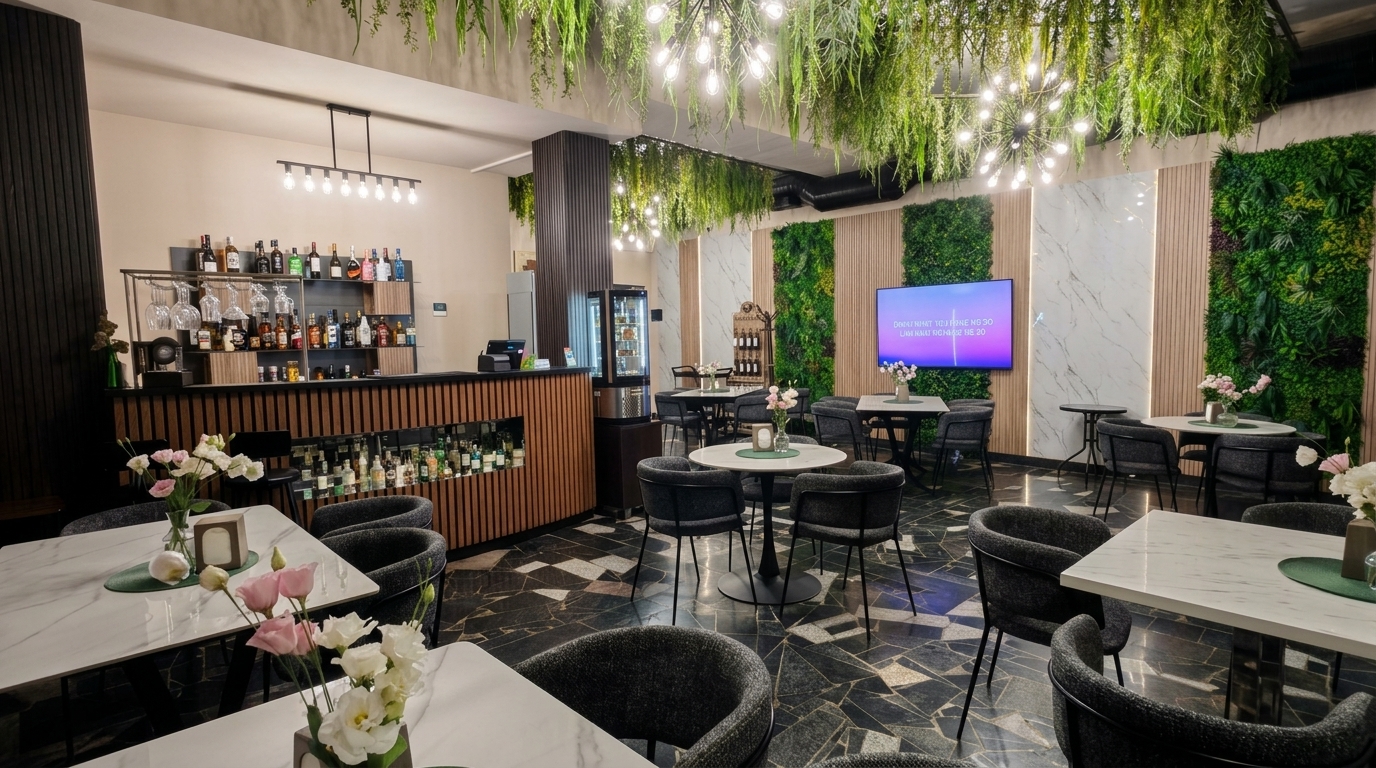 The café at ThreeWays, with the bar, seating and greenery